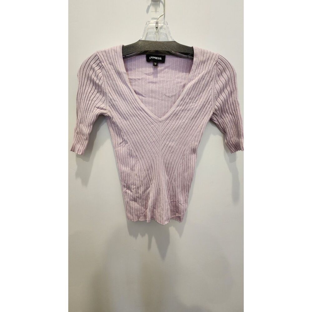 Express Soft Ribbed V-Neck Fitted Top - Lilac / Light Purple